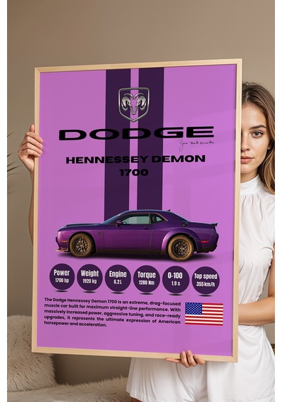Dodge Hennessey Demon 1700 Tablo - Teknik Özellikli Araba Poster - Çerçeveli Duvar Dekoru Kayın