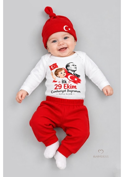Babyden's İlk 29 Ekim Cumhuriyet Bayramım Baskılı 3'lü Bebek Takımı 100 Pamuk Uzun Kollu Çıtçıtlı Body Pantolon Bere Seti Kırmızı - Beyaz
