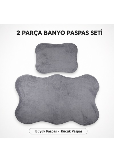 2 Li Banyo Paspası Halısı Seti Kaymaz Tabanlı Yıkanabilir Klozet Takımı Gri