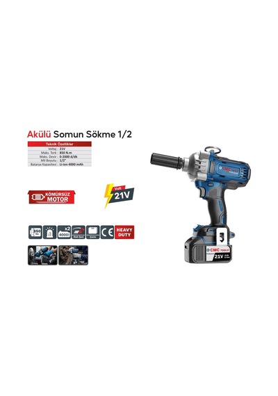 Cmc3921 Akülü Somun Sıkma Makinesi 21v 850 Nm Tork 1/2
