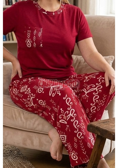 Lady Bordo Renk, Etnik Desenli 11068 Kısa Kol Kadın Büyük Beden Anne Pijama Takımı