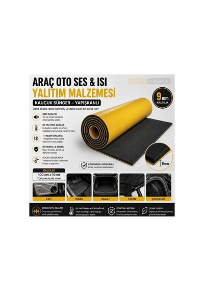 Araç Oto Ses Isı Yalıtım Malzemesi 10m² Kauçuk Sünger Yapışkanlı 9mm Kalın 100cmx10mt Bant Marketim