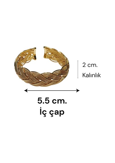 Altın Kaplama Saç Örgüsü Kelepçe Bilezik - 5.5 Cm İç Çap Kalın Hasır Model Kadın Bileklik Gold