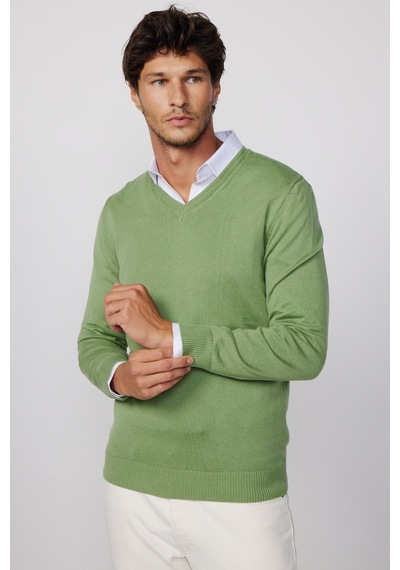 Tudors Slim Fit V Yaka Pamuklu Yeşil Erkek Kazak-28335-yeşil Yeşil