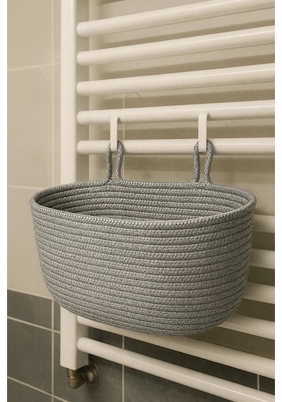 Mavaux Dekoratif Askılı Banyo Sepeti 18 40 16 Cm Saklama Ve Düzenleyici Hasır Jüt Sepet Organizer El İşi Gri