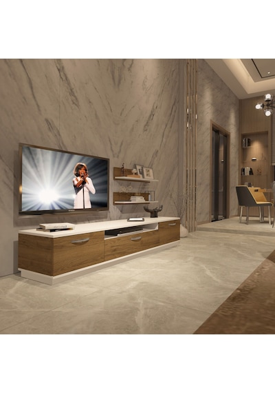 Decoraktiv Trio 4 Mdf Tv Ünitesi Tv Sehpası - Beyaz Pera Beyaz - Meşe