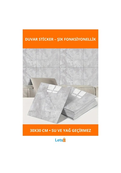Gri Mermer Desen Su Geçirmez Kendinden Yapışkanlı Duvar Sticker 30x30 Cm Çok Renkli