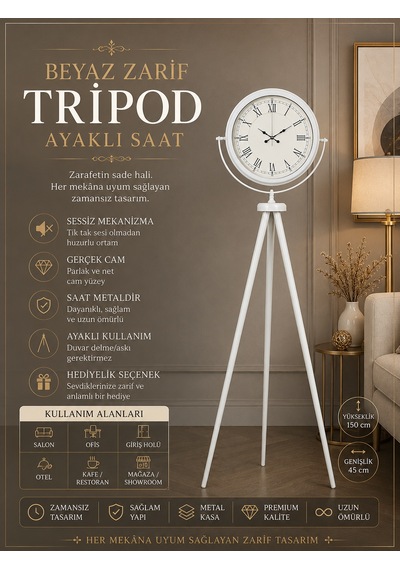 Zarif Roma Rakamlı Tripod Ayaklı Saat Beyaz