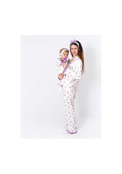 Bebegen Kadın Anne Ekru Mor Lale Desenli Fırfırlı Bandanalı Pijama Takımı Çok Renkli