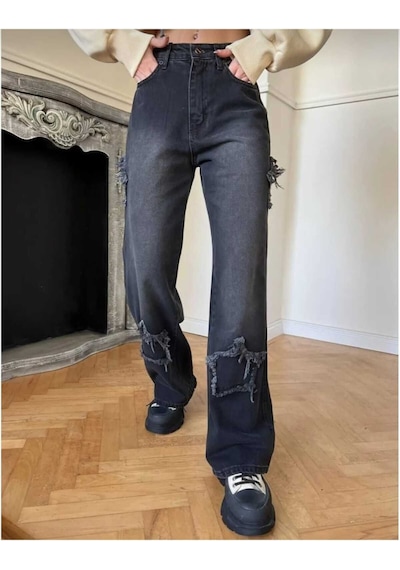 2424 Kadın Yıldız Detaylı Baggy Jeans Kot Denim Pantolon Siyah