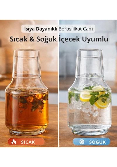 Bardaklı Borosilikat Cam Sürahi 1.75 Litre Isıya Dayanıklı Şeffaf Su Ve Soğuk İçecek Sürahisi Şeffaf