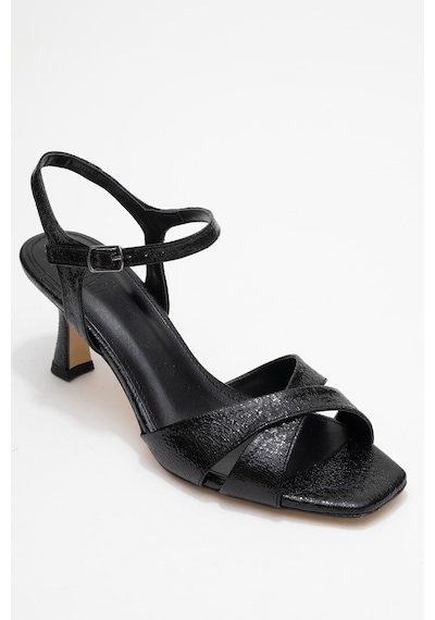 Luvishoes Luvi Shoes Melin Siyah Desenli Çapraz Bantlı Kadın Topuklu Ayakkabı Siyah Yılan