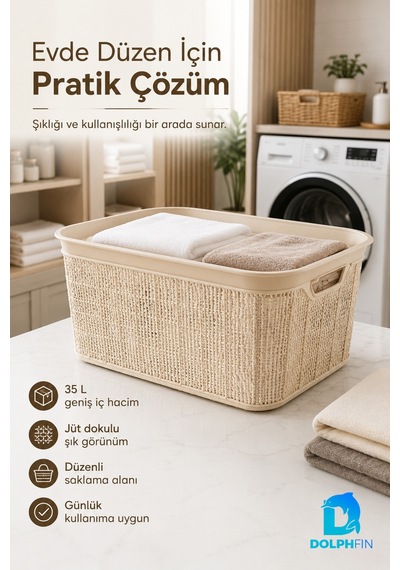 Jute Köşeli Sele Sepet 35 L 52,5x34,5x22,5 Cm Çamaşır Oyuncak Saklama Taşıma Sepeti Bej