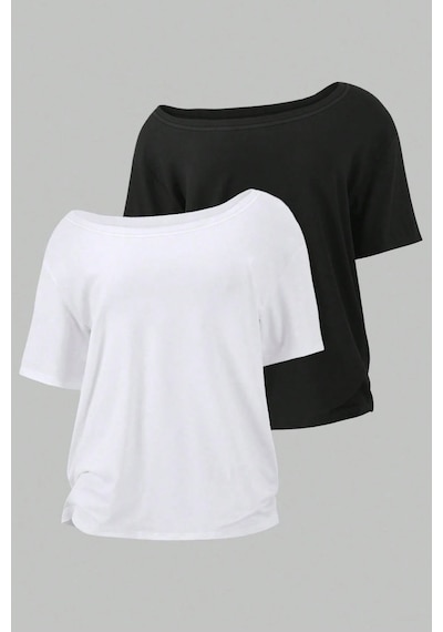 Siyah Beyaz 2li Paket Kadın Düşük Omuz Kayık Yaka Oversize T-shirt Beyaz - Siyah
