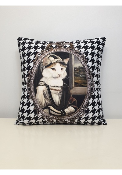 Şapkalı Kedi Kaz Ayağı Desen Kırlent Kılıfı Renkli