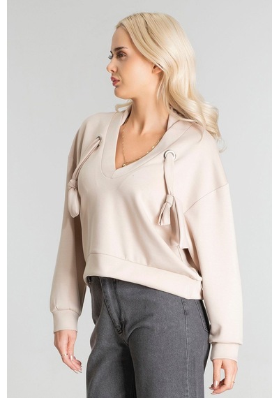 Kadın Modal Cupra Kumaş Kuşgözü Kordonlu Sweatshirt Bej