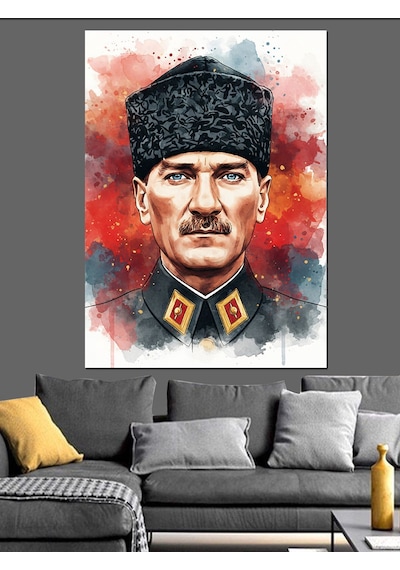 Karizma Tablo Kalpaklı Atatürk Portre Dekoratif Kanvas - Mdf Ahşap Tablo