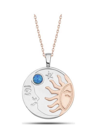 Gümüş Rose Opal Mavi Taşlı Ay Güneş Kadın Kolye Altın