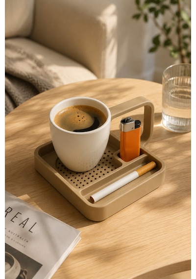 Kahve Sunum Tepsisi Çok Bölmeli Masa Üstü Organizer Kupa Fincan Standı Pla 12.5x11x7 Cm Krem Bej