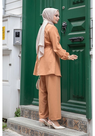 Misskayle Dikiş Detaylı Tesettür Camel Takım Camel