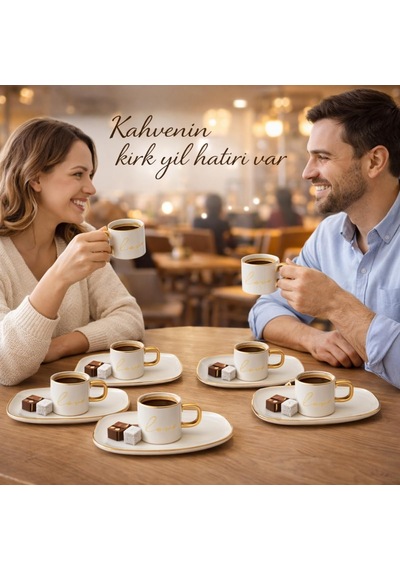6'li Beyaz Gold Detaylı Kahve Fincanı Ve Sunum Tabaklı Set Yazılı Tasarım, Porselen Türk Kahvesi Seti Diğer