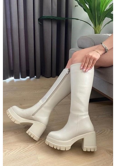 Asmi Shoes Kadın Fenni Krem Cilt 8 Cm Topuklu Yandan Fermuarlı Çizme Krem Krem