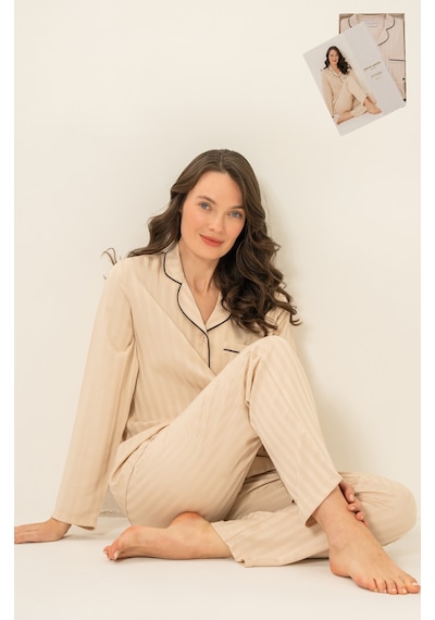 Pierre Cardin 9305 Saten Önden Düğmeli Uzun Kol Kadın Pijama Takımı Bej