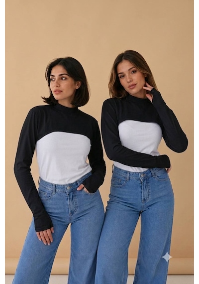 Aldaıyr Parmaklı Tesettür Boyunluk Yakalı Uzun Kollu Kolluklu Body Bluz Bolero Rahat Tasarım Siyah - Siyah