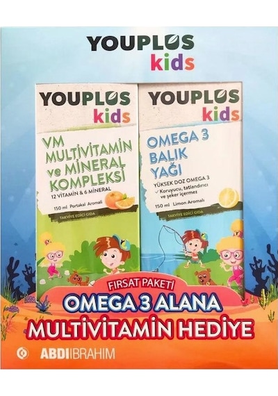 Youplus Kids Omega 3 Balık Yağı 150 Ml + Kids Vm 150 Ml - Omega 3 Alana Multivitamin Hediye Etiketli