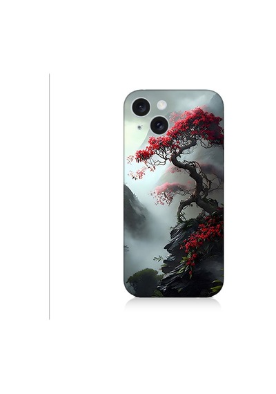 Apple Uyumlu iPhone 15 Plus Kırmızı Ağaç Desenli Silikon Kılıf Silikon