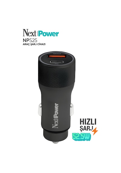 Next Power 52.5w Araç İçi Hızlı Şarj Aleti Type-c + Usb Güç Adaptörü Oto Çakmaklık - Siyah