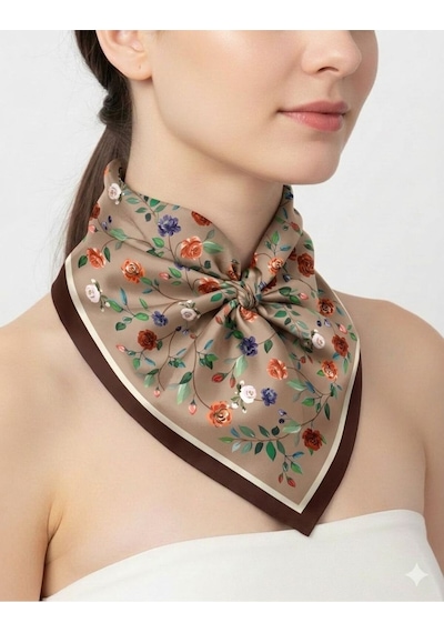 Tarzını Seç Kahverengi Gül Fular / Bandana / Aksesuar 48x48 Cm