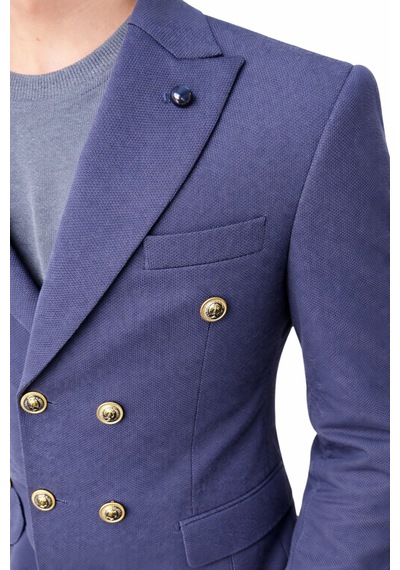 Erkek Kruvaze Gold Düğmeli Dokulu Likralı Kumaş Blazer Ceket Modern Kesim Şık Tasarım Lacivert