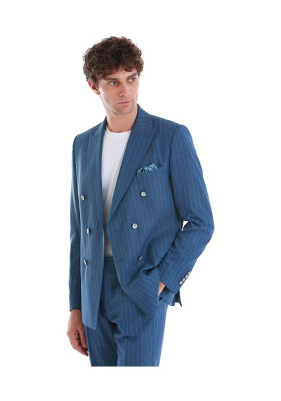 Hatemoğlu Mavi Slim Fit Çizgili Kruvaze Takım Elbise 33223024c014 65 Mavi