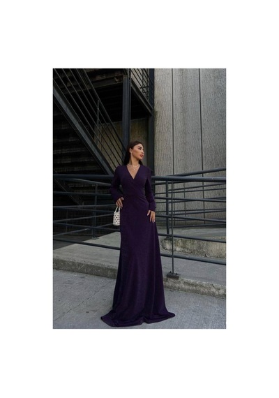 DefyModa Kadın Krep Kumaş Kruvaze Yaka Yırtmaçlı Maxi Abiye Elbise Mor
