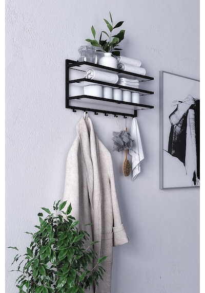 Sofya 2 Katlı Beyaz Raflı Askılık, Portmanto 63 Cm - 6 Askı Siyah