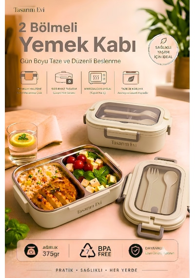 2 Bölmeli Paslanmaz Çelik Yemek Kabı Sızdırmaz Kapaklı, Taşınabilir Beslenme Kabı Krem