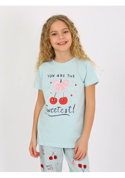 Kız Çocuk Kısa Kollu %100 Pamuklu Pijama Takımı Cherry Mint
