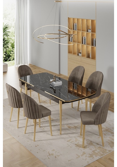 Canisa Rada Serisi 80x132 Açılabilir Lak Panel Siyah Mermer Desen Masa 6 Cappucino Sandalye Gold Detay Masa Siyah Mermer Sandalye Capppucino Gold Ayak Canisa Rada Serisi 80x132 Açılabilir Lak Panel Siyah Mermer Desen Masa 6 Cappucino Sandalye Gold Detay Masa Siyah Mermer Sandalye Capppucino Gold Ayak