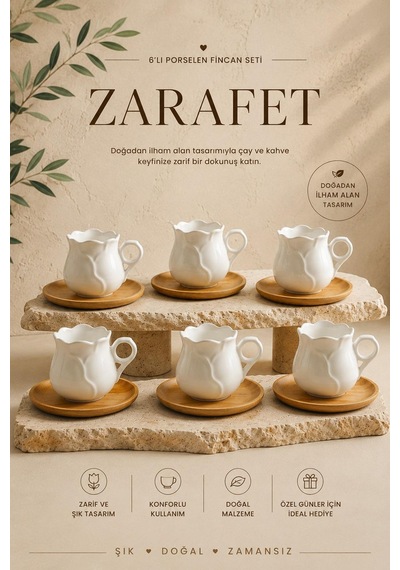 Rose 12 Parça 6 Kişilik Porselen Kahve Fincan Takımı 100 Ml Bambu Tabaklı Fincan Seti Beyaz