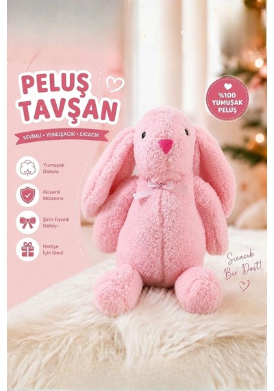 Uyku Arkadaşım Papyonlu Uzun Kulak Bunny Peluş Tavşan 65 Cm Pembe Genel