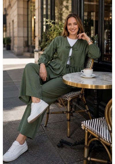 Hb Harma Time Butik Kadın Bağlamalı Çilek Kumaş Haki Tunik Pantolon İkili Takım