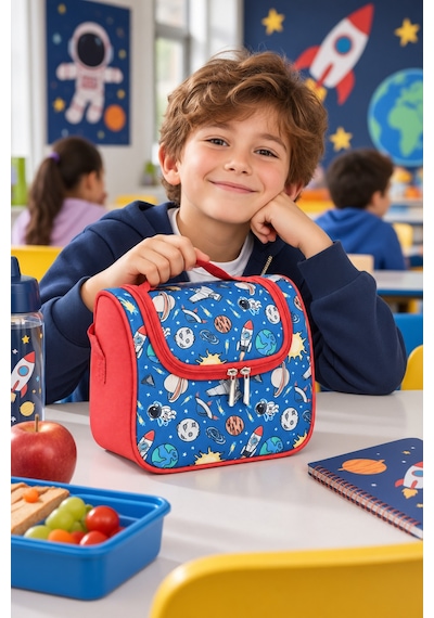 Uzay Roket Astronot Gezegen Termal Beslenme Çantası Isı Yalıtımlı Çocuk Okul 24x22x14 Cm Çok Renkli