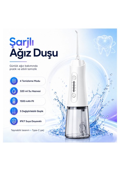 Şarjlı Ağız Duşu 320 Ml Su Hazneli 4 Modlu 20-140 Psı 1500 Mah Type-c Ipx7 5 Başlıklı Taşınabilir Ağız Bakım Cihazı