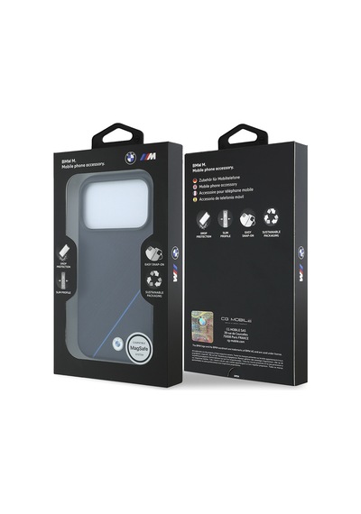 Apple Uyumlu iPhone 18 Pro Max Kılıf Bmw Lisanslı M-safeli M Logolu Lastik İzi Desenli Mavi Çizgili Kapak Laciver Lacivert