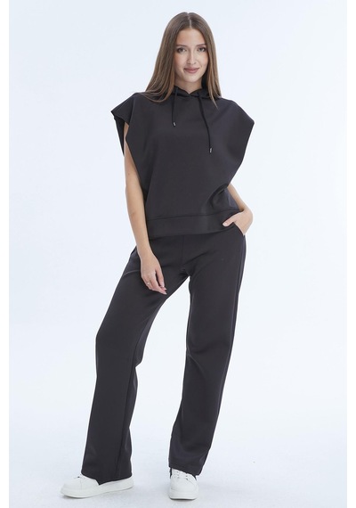 Selectmoda Kadın Kapüşonlu Kolsuz Cepli Bol Paça İkili Takım Siyah