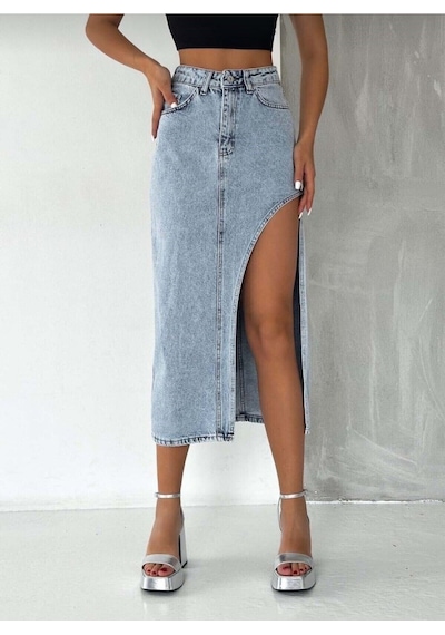Pass&Pass 2094 Kadın Likrasız Yandan Yırtmaçlı Jeans Kot Denim Etek Beyaz