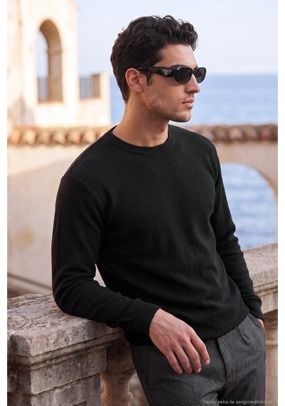 Buratti Pamuk Karışımlı Relaxed Fit Bisiklet Yaka Kazak Erkek Sweat 5905837 Siyah