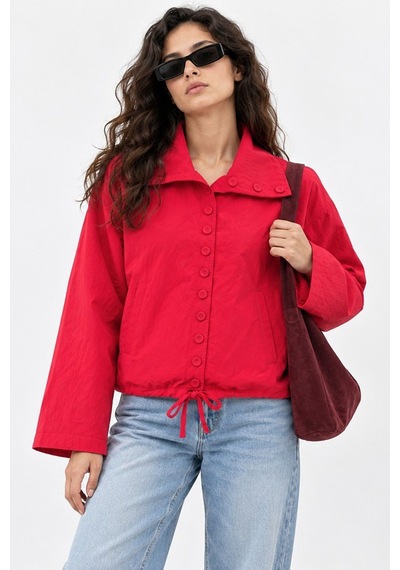 Hiccup Dik Yaka Düğmeli Oversize Trençkot Kırmızı