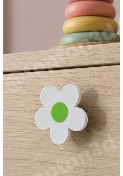 3 Adet - Yeşil Papatya Dolap Kulpu - Çocuk Odası Kulp, Papatya Kulp - 5 Cm - Kulp Vidası Dahildir Sarı